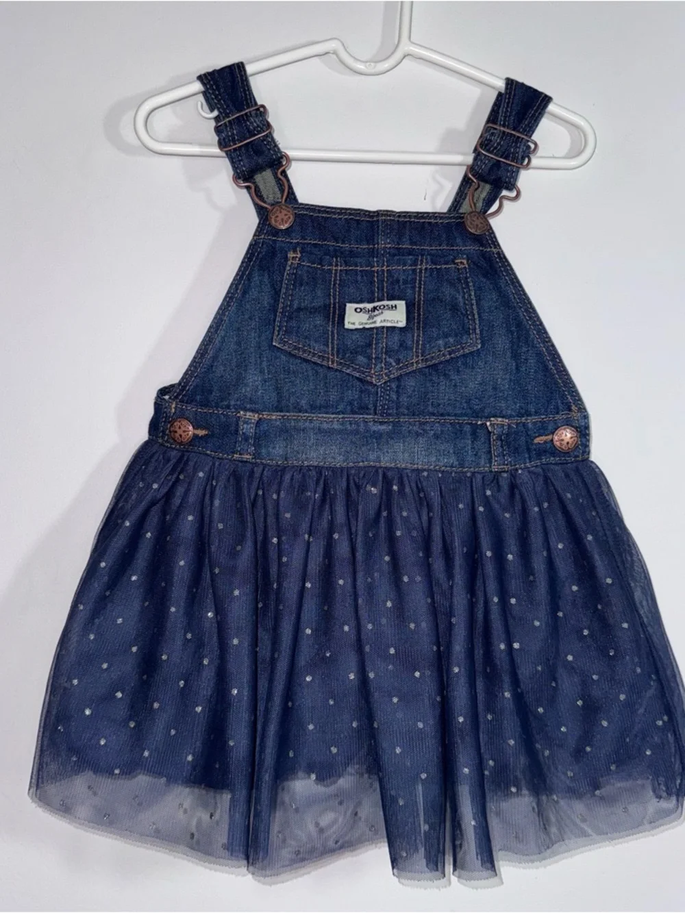 OshKosh B’gosh Denim Tulle Overall Dress Blue Polka Dot Toddler Girls 2T
